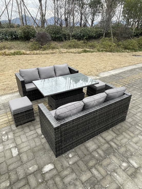 8 places extérieur en rotin canapé set mobilier de jardin réglable ascenseur table à manger repose - pieds gris foncé mixte