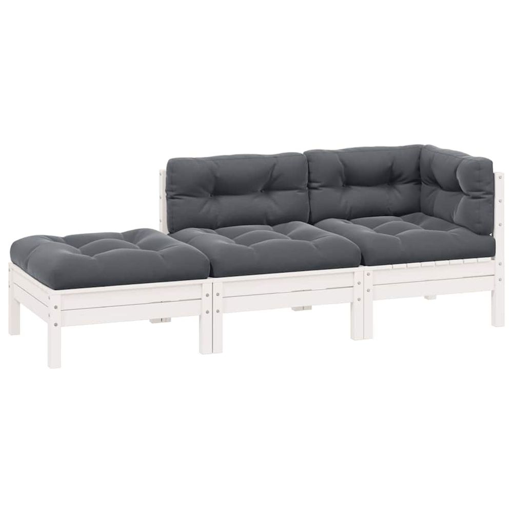 Salon de jardin 3 pcs avec coussins blanc bois de pin solide