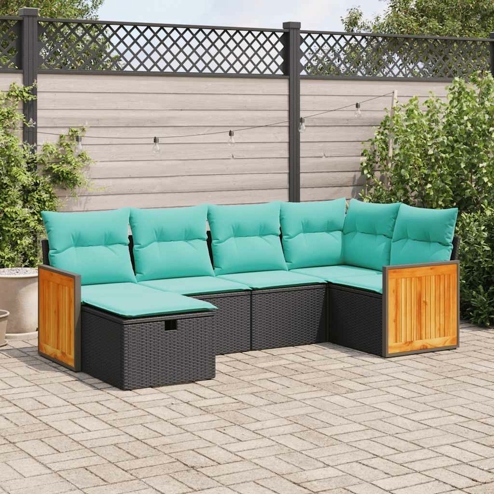 Salon de jardin 6 pcs avec coussins noir résine tressée