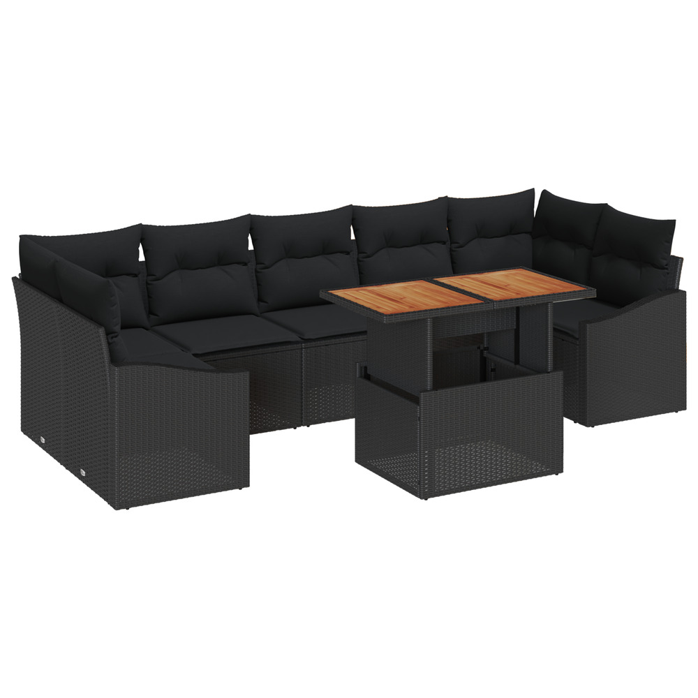 Set de jardin de 8 pièces avec coussins en poly rattan noir et acacia