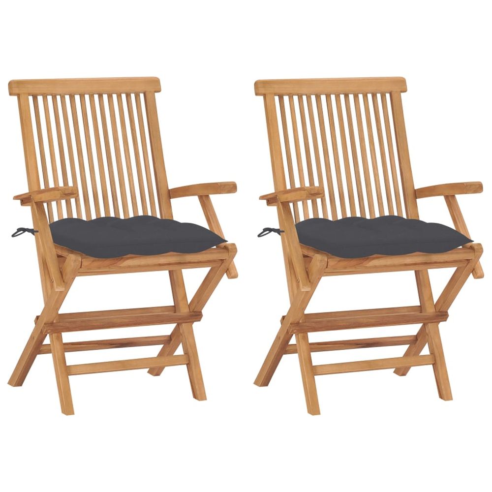 Chaises pliantes avec coussins anthracite, 2 pièces, en teck massif