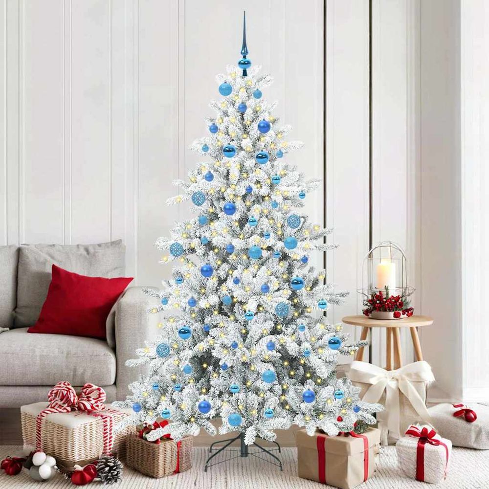 Sapin de noël artificiel style enneigé 180 cm, kit complet avec lumières et 120 boules