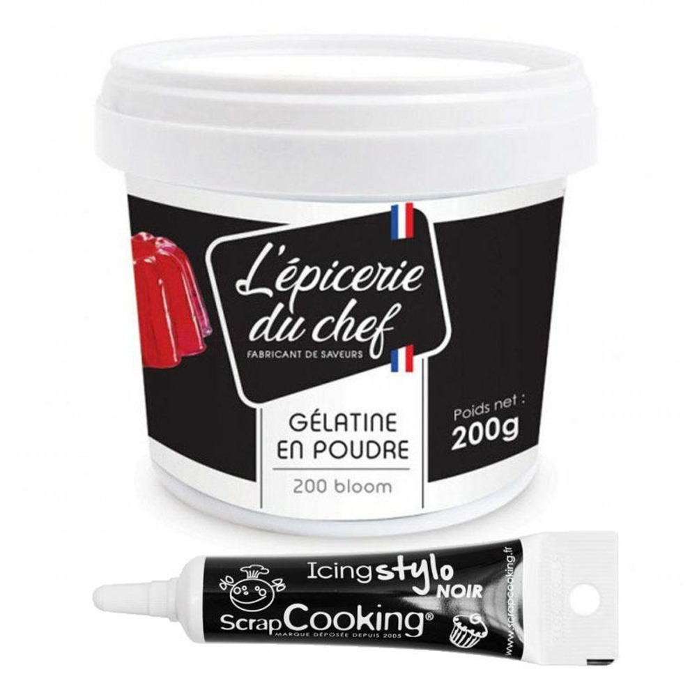 Gélatine en poudre 200 g + stylo de glaçage noir