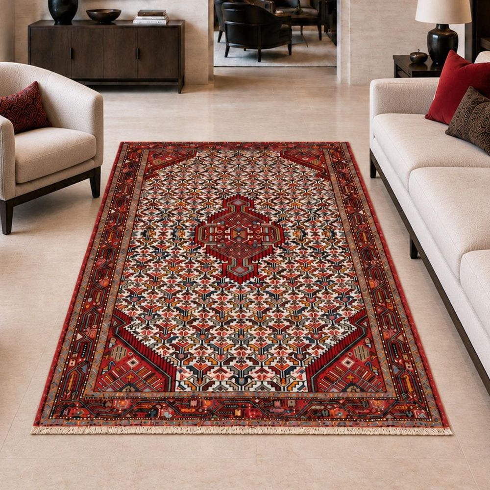 Tapis d'orient 128 x 208 cm, rouge, crème et marron, noué main en laine, hamadan 47