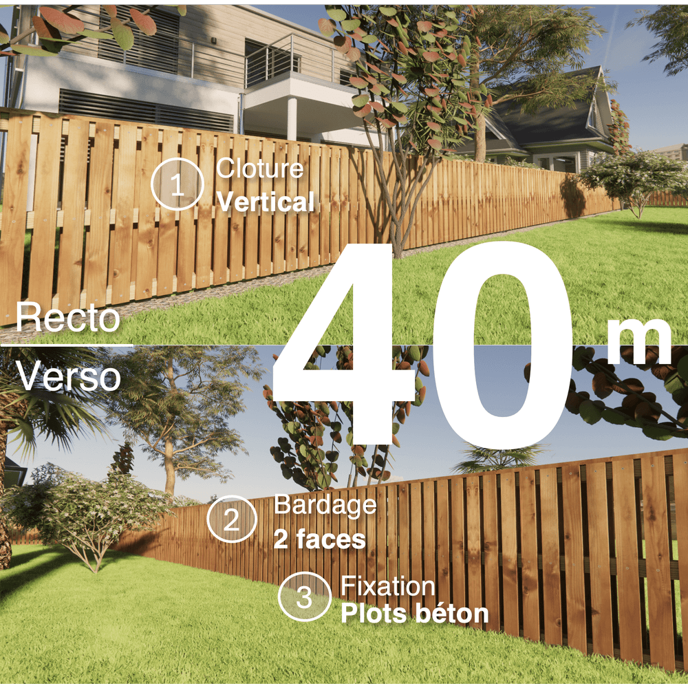 Kit clôture bois moderne 40m – h 0,9m – 20 x 70 mm autoclave marron – pose vertical – double face – à sceller