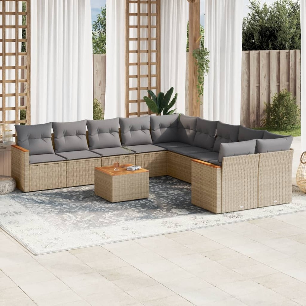 Salon de jardin et coussins 11 pcs mélange beige résine tressée