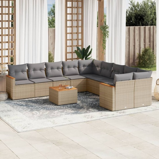 Salon de jardin et coussins 11 pcs mélange beige résine tressée