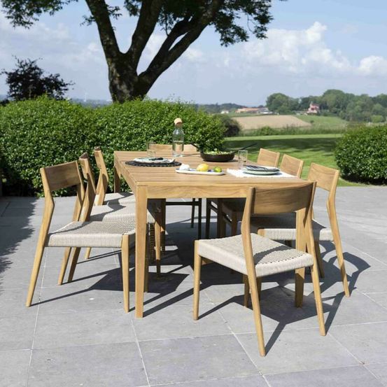 Salon de jardin bois teck 8 places avec cordage beige calvi