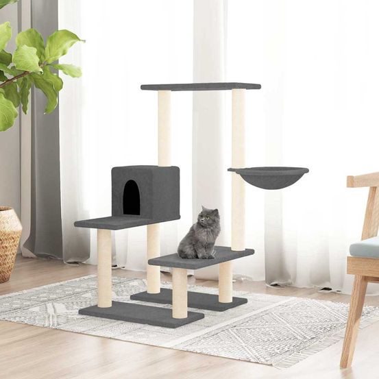 Arbre à chat design en sisal avec niche douillette et hamac suspendu gris foncé 94,5 cm