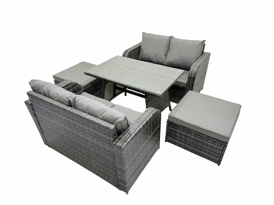 Ensemble de meubles de jardin en polyrotin 5 pièces avec table à manger rectangulaire canapé d'amour 2 grand tabourets