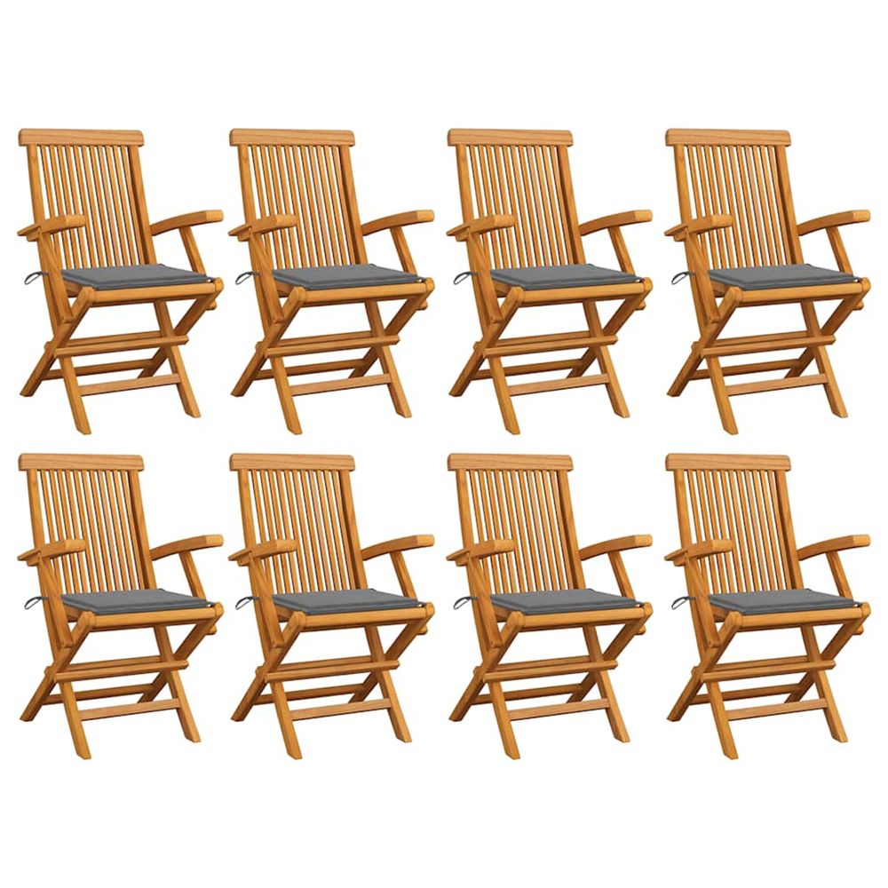 Chaises pliantes avec coussins gris, 8 pièces, en teck massif