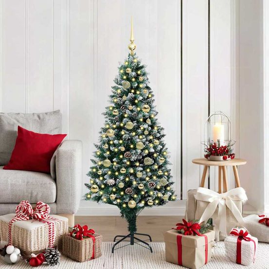 Sapin de noël artificiel 150 cm tout-en-un, kit déco 61 boules or/bronze et 150 led blanc chaud