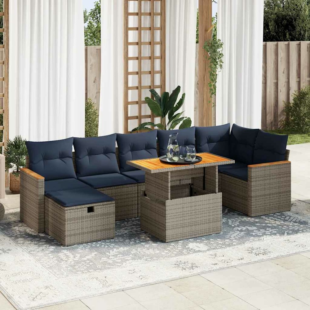 Salon de jardin 8pcs avec coussins gris résine tressée acacia
