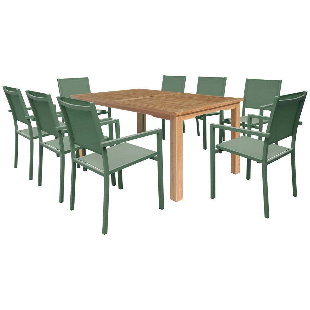 Salon de jardin en teck java avec chaises en aluminium vert sauge - 8 places
