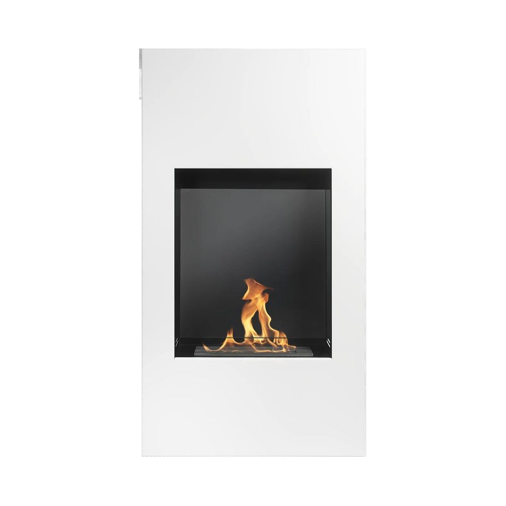 Cheminee bioethanol sur pied ou murale 105 cm blanc mat structure avec vitre design moderne