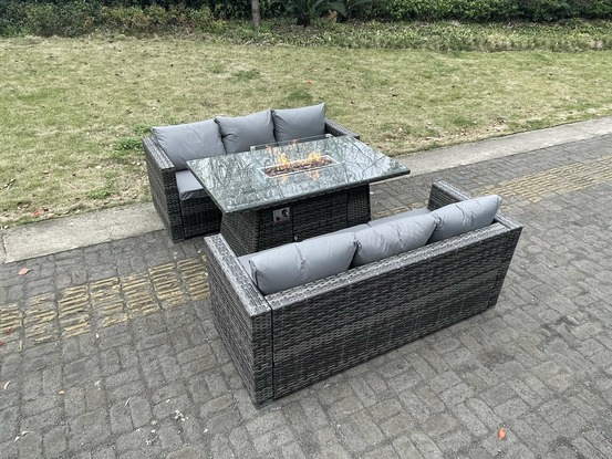 Meubles à manger de jardin pe rotin 4 places ave canapé table de foyer à gaz mélange gris foncé