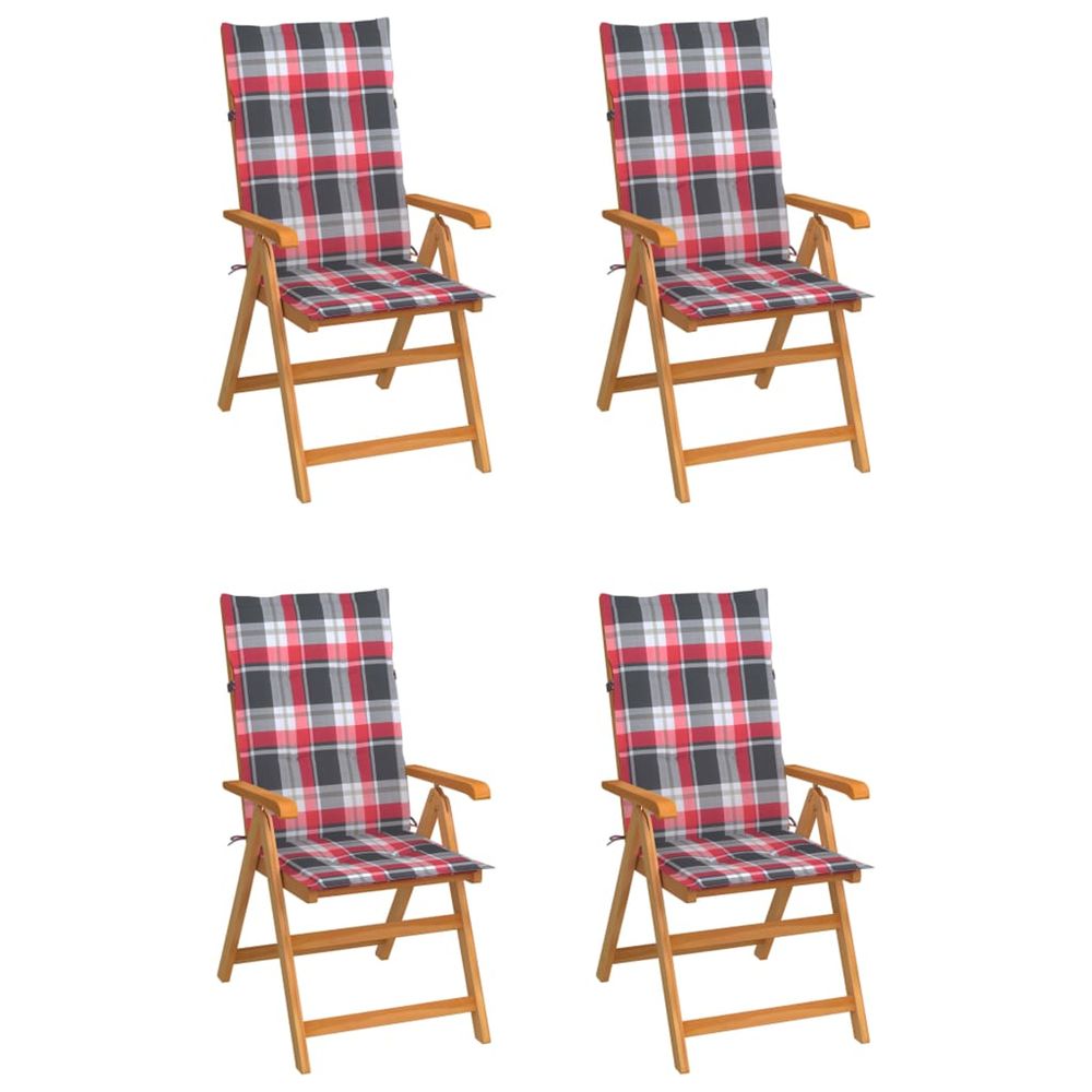 Chaises pliantes, coussins à carreaux rouges, bois de teck massif (4 pièces).