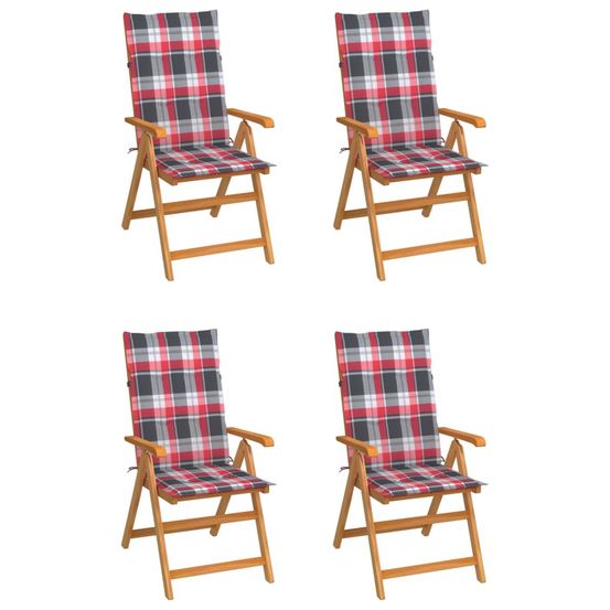 Chaises pliantes, coussins à carreaux rouges, bois de teck massif (4 pièces).