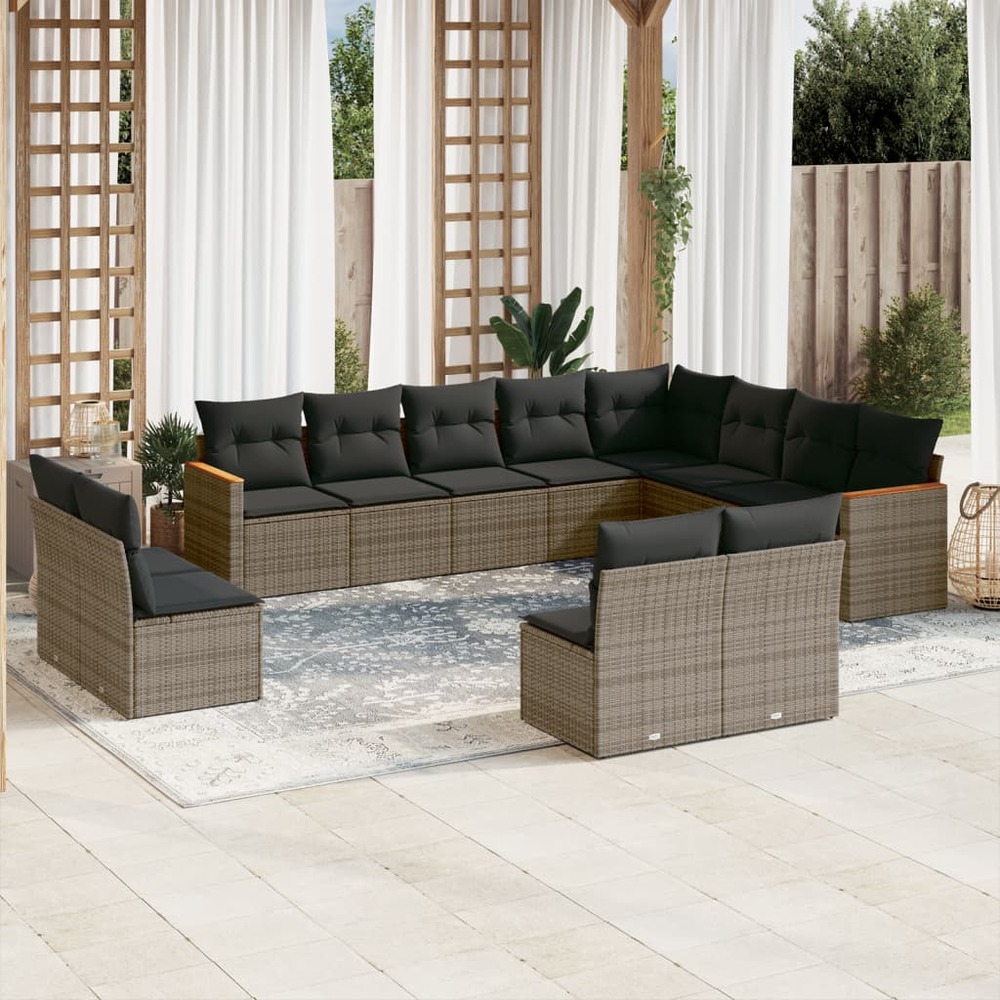 Salon de jardin avec coussins 12 pcs gris résine tressée