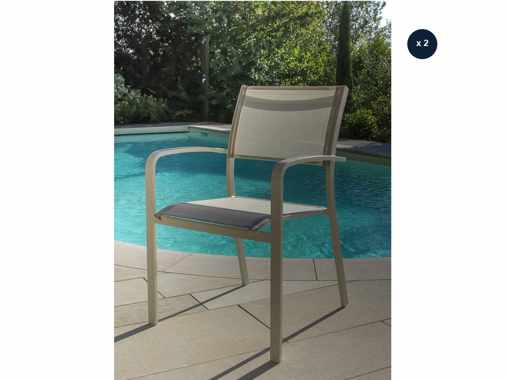 Lot de 2 fauteuils de jardin empilables en aluminium et textilène milos ivoire