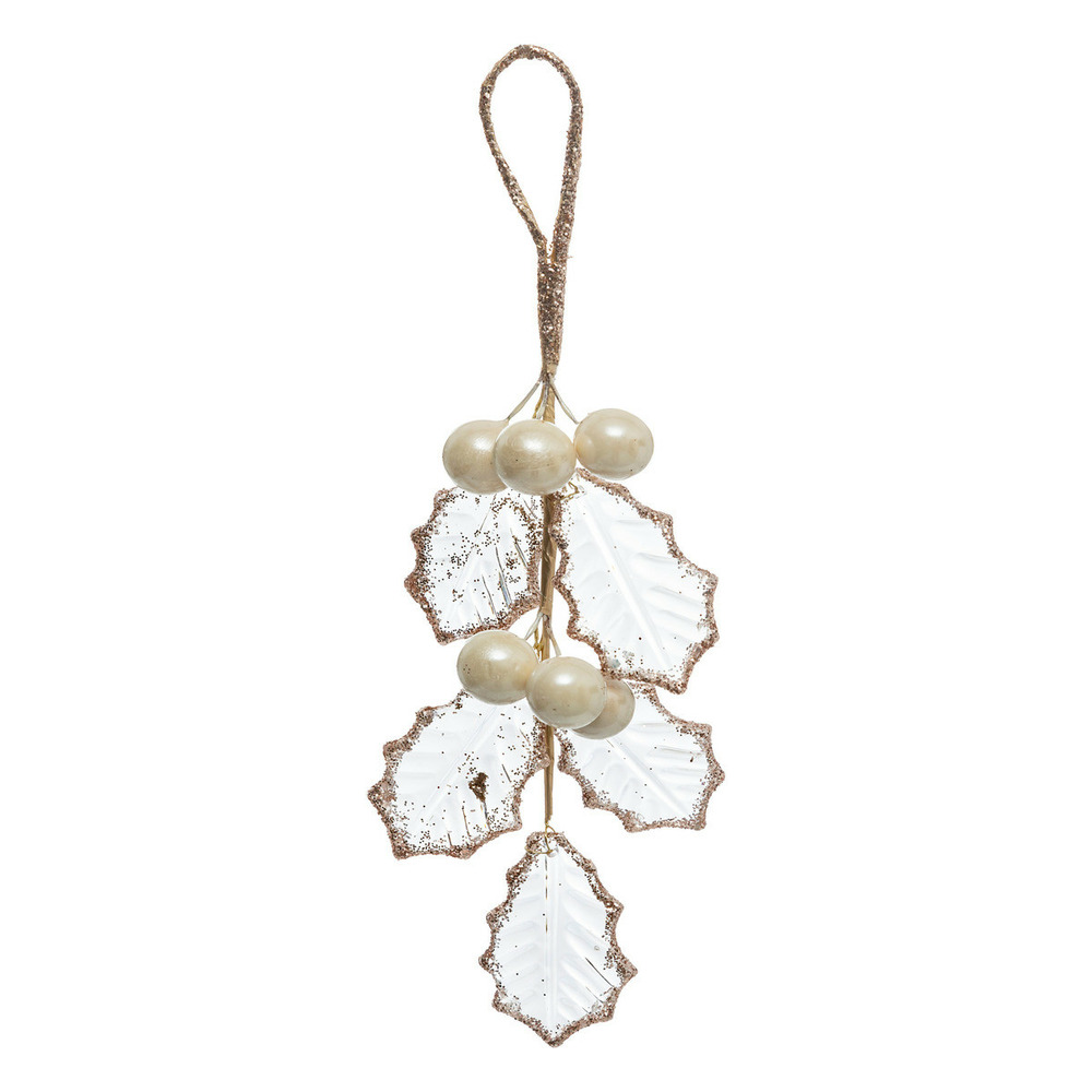 Suspension de noël branche de houx or rose et transparent avec perles h 20 cm