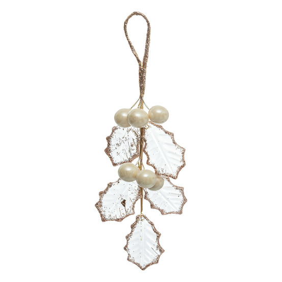 Suspension de noël branche de houx or rose et transparent avec perles h 20 cm