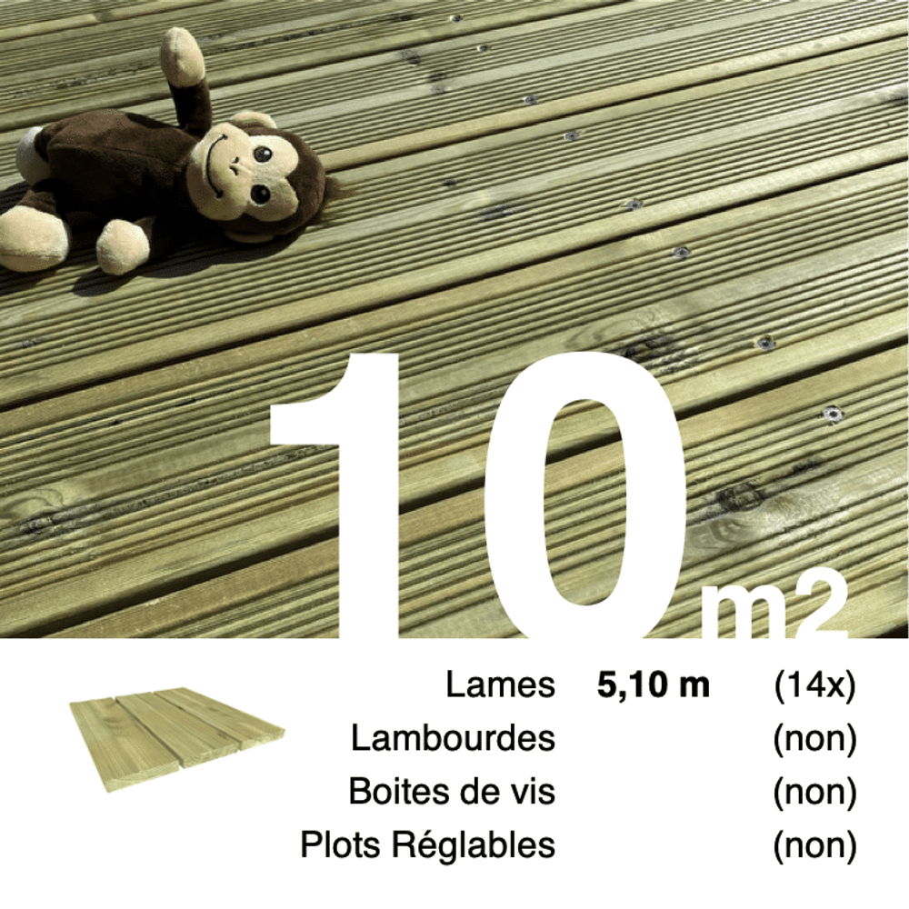 Planches de terrasse pin autoclave vert pour 10 m², longueur 5,1 m.