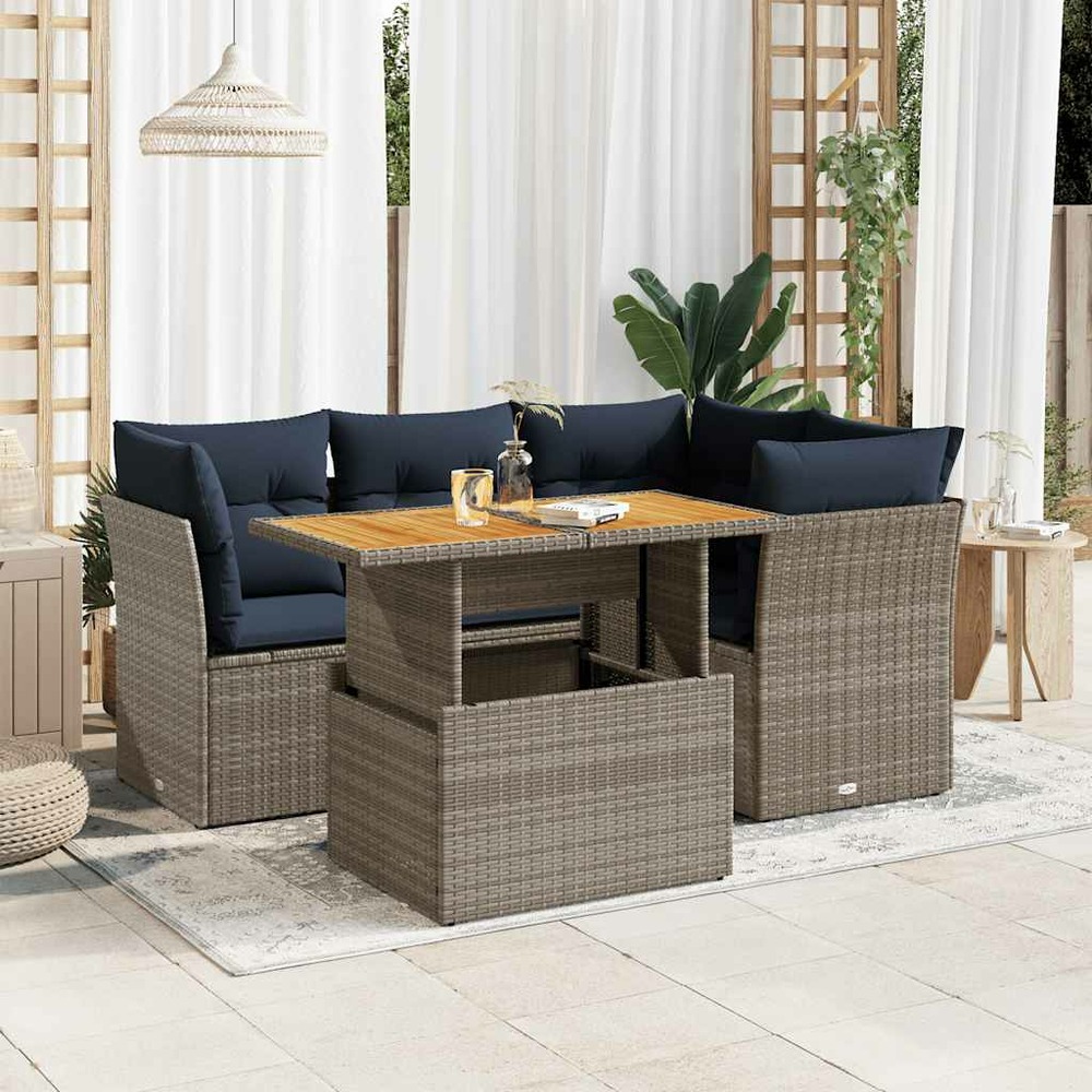 Salon de jardin 5 pcs avec coussins gris résine tressée