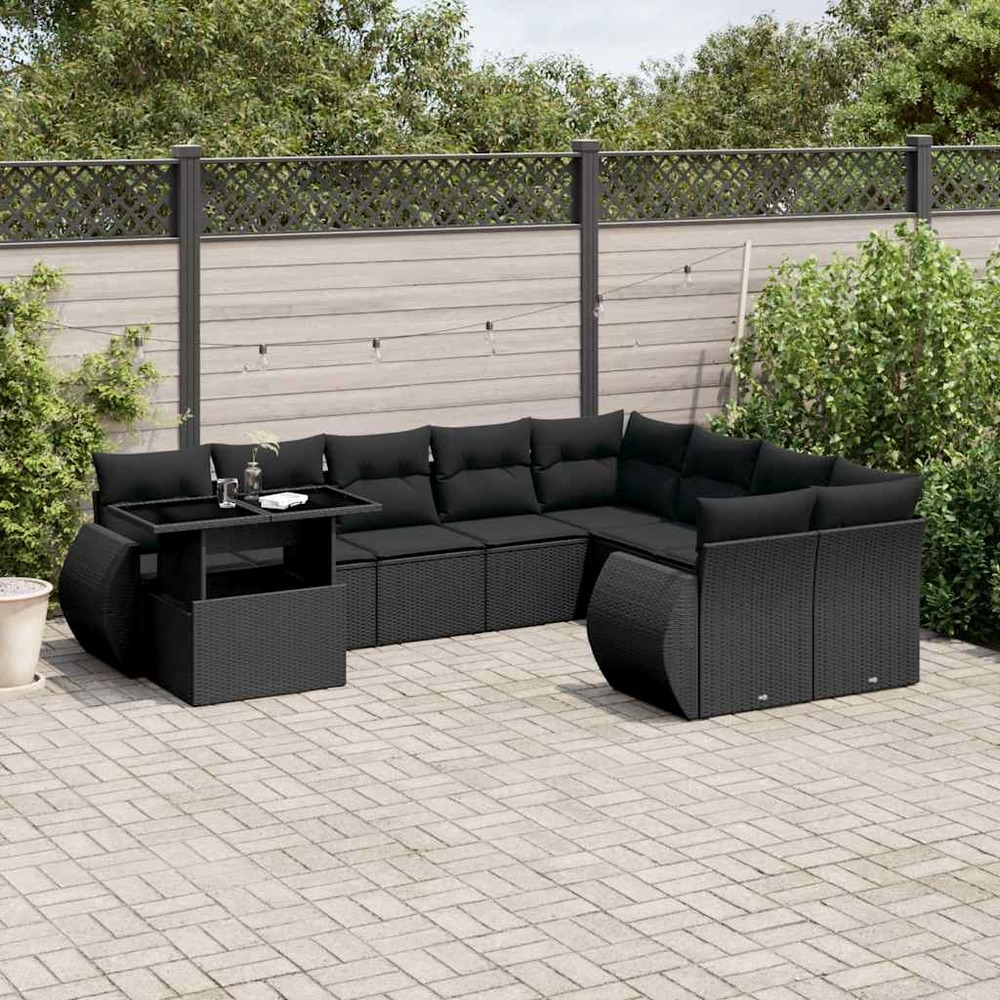 Salon de jardin 10 pcs avec coussins noir résine tressée