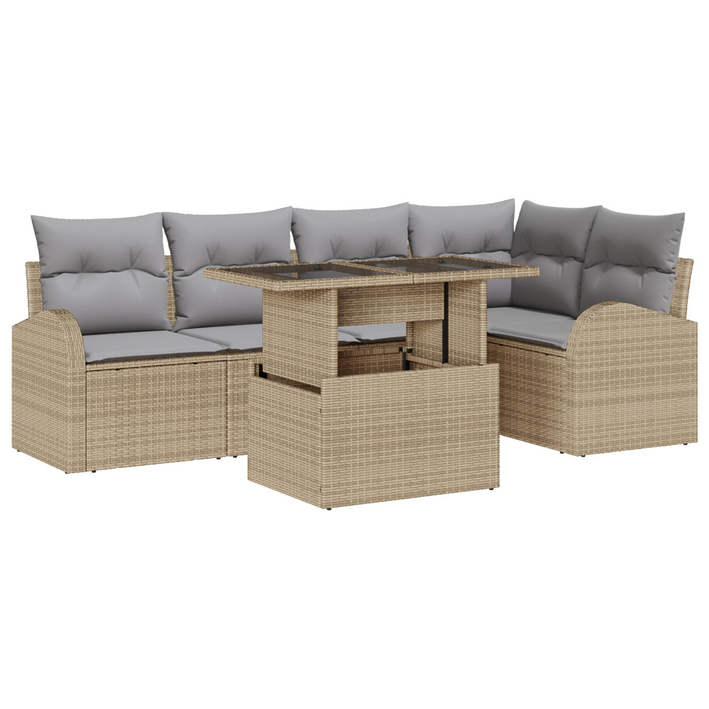 Ensemble de canapé de jardin 6 pièces avec coussins beige en rattan poly