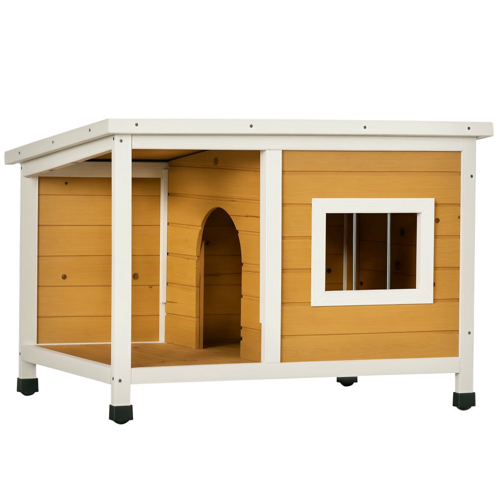 Niche chien extérieur bois massif sapin véranda toit ouvrant 85x62x60cm orange