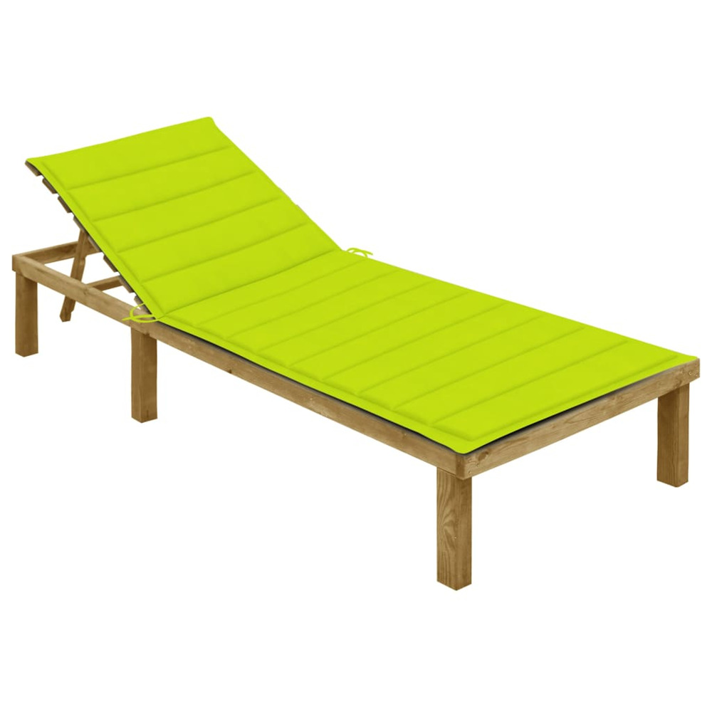 Chaise longue avec coussin vert vif bois de pin imprégné bain de soleil