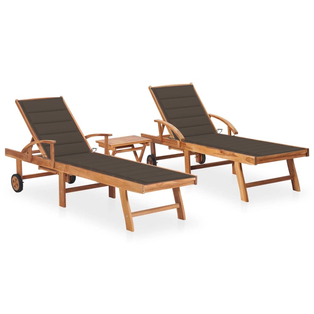Lot de 2 transats chaise longue bain de soleil lit de jardin terrasse meuble d'extérieur avec table et coussin bois de teck s