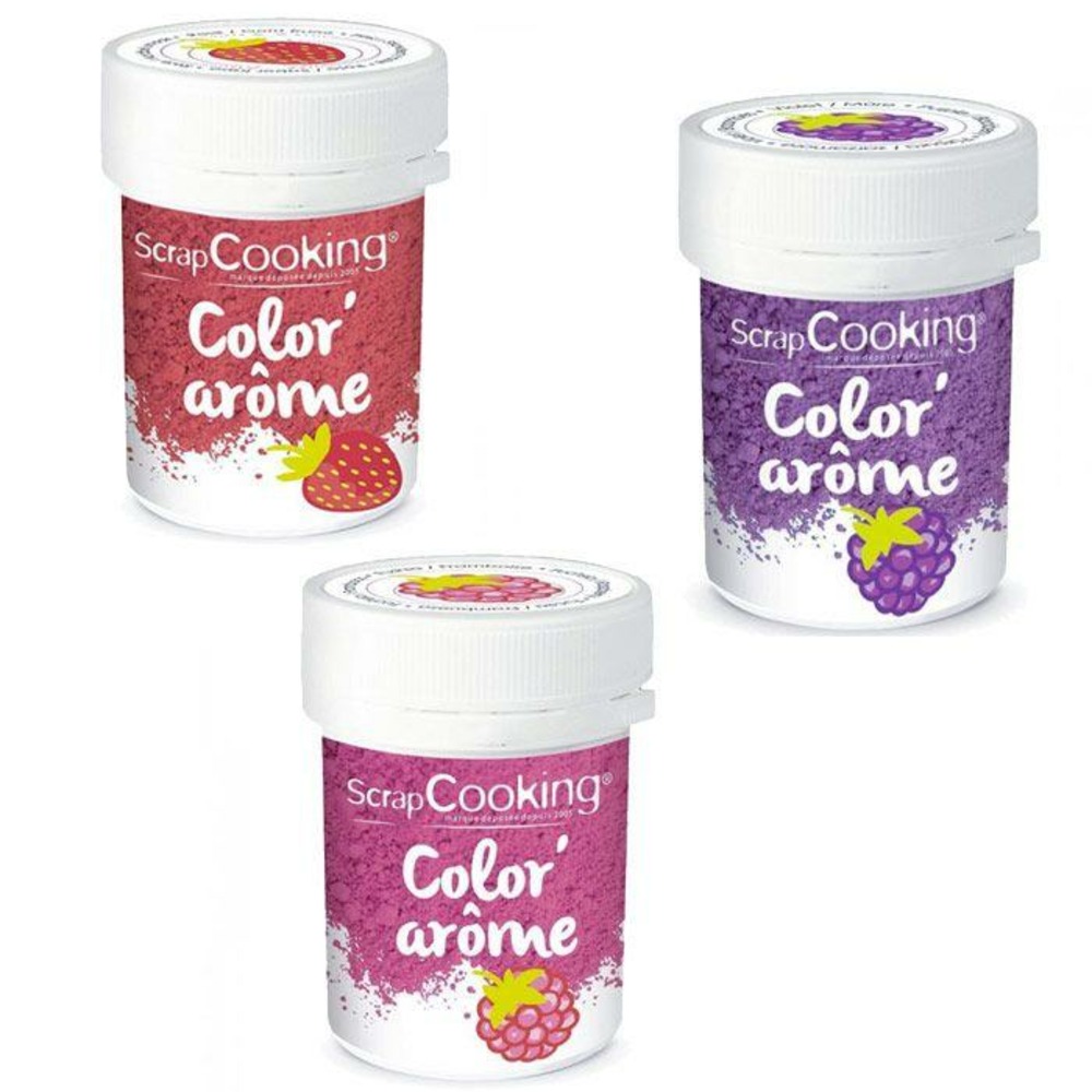 3 colorants alimentaires aux arômes framboise, mûre & fraise