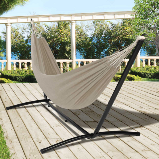 Hamac avec support métal noir et toile taupe
