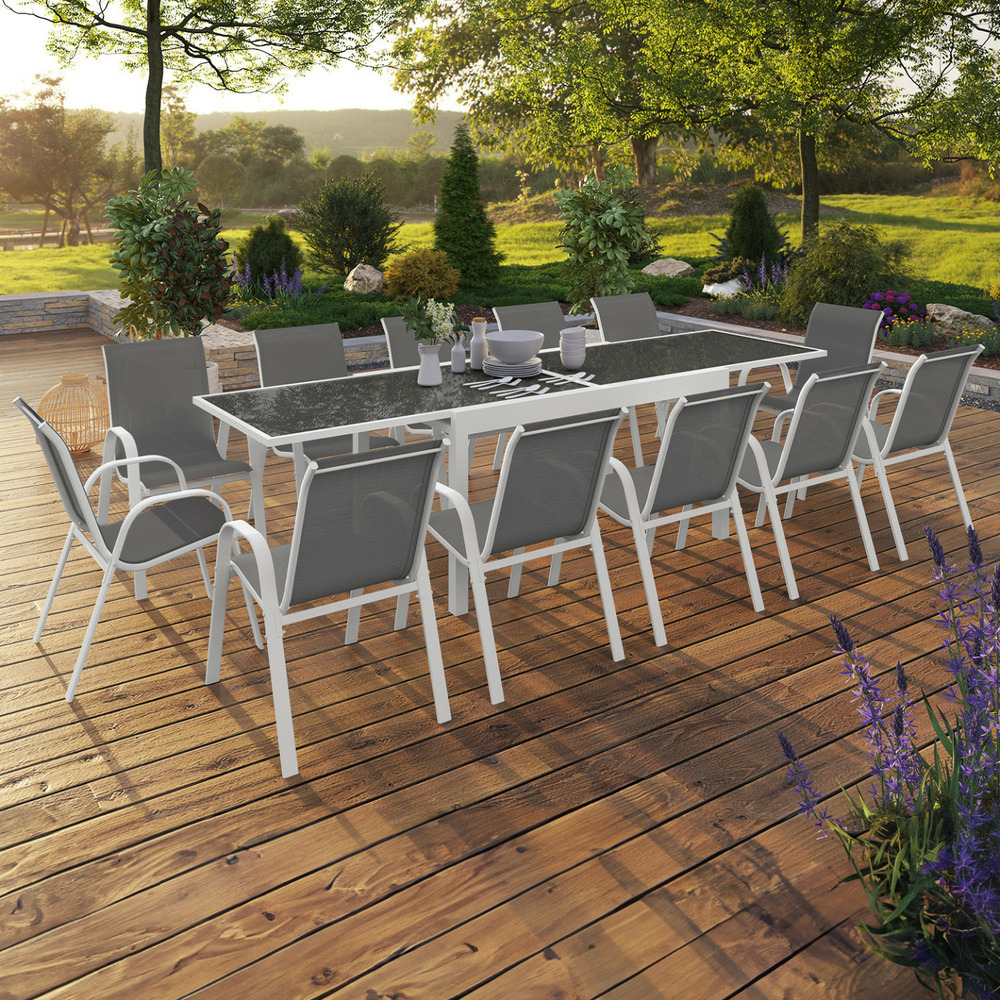Salon de jardin madrid table extensible 135-270 cm et 12 chaises empilables blanc et gris