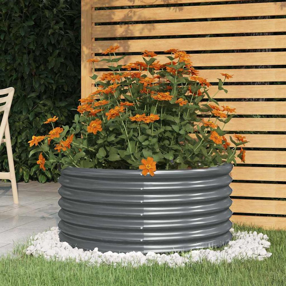 Jardinière ronde basse en acier galvanisé thermolaqué finition mate pour fleurs et aromates anthracite ø80x36cm