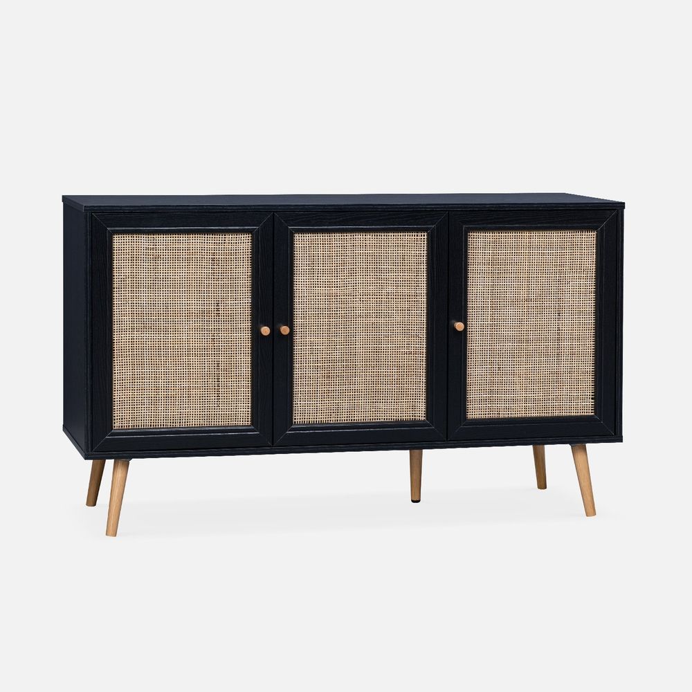 Buffet de rangement en cannage 120x39x70cm - 2 niveaux - 3 portes - pieds scandinaves - buffet bas