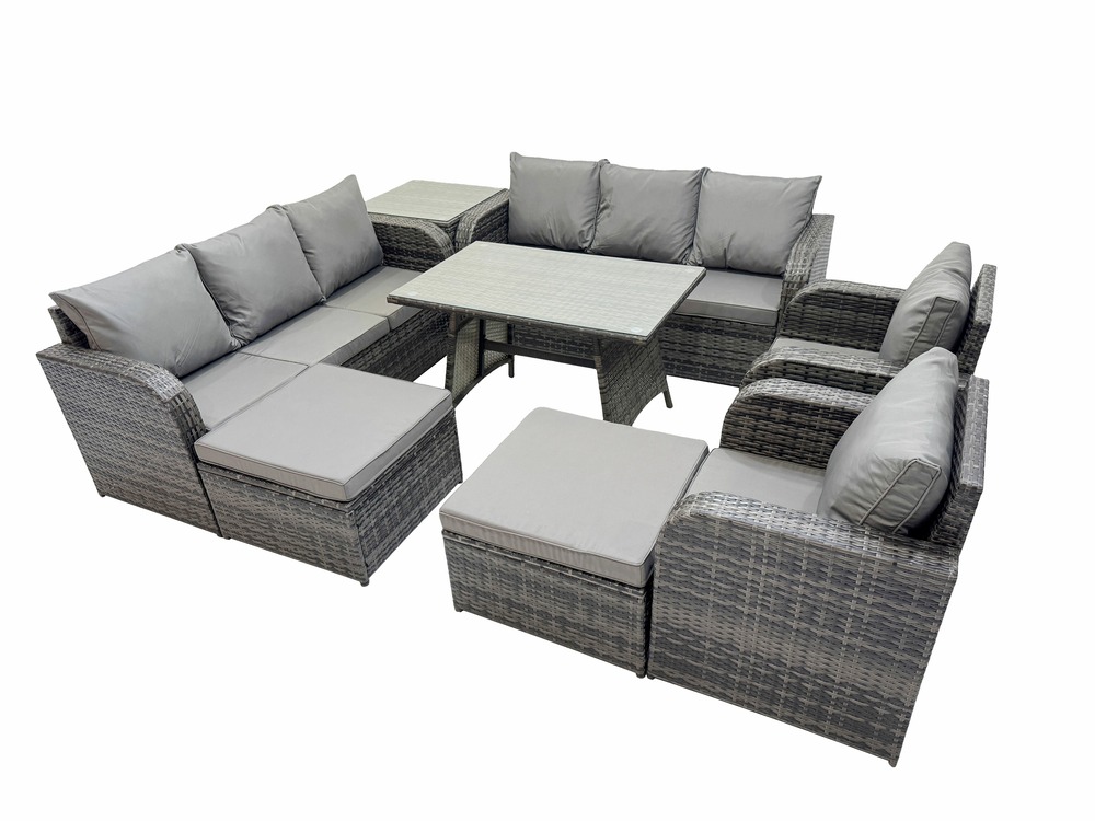 Ensemble de canapés en rotin salon de jardin avec table à manger rectangulaire table d'appoint 2 grand tabourets gris foncé mixte