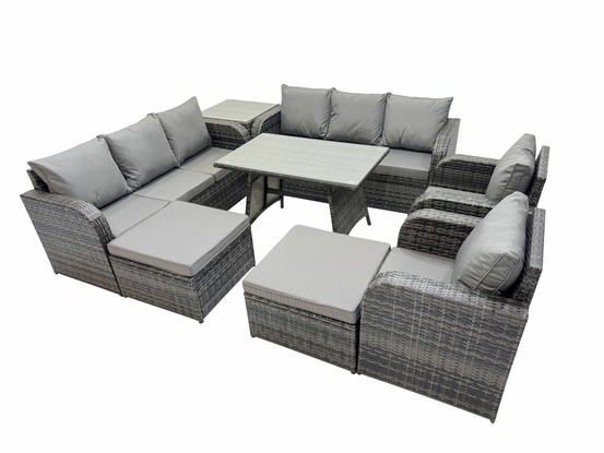 Ensemble de canapés en rotin salon de jardin avec table à manger rectangulaire table d'appoint 2 grand tabourets gris foncé mixte