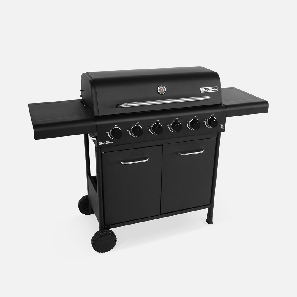 Barbecue bonacieux noir et inox au gaz 6 brûleurs avec rangement 2 tablettes rabattables 2 roues pvc + connecteur gaz g1/2 inclus