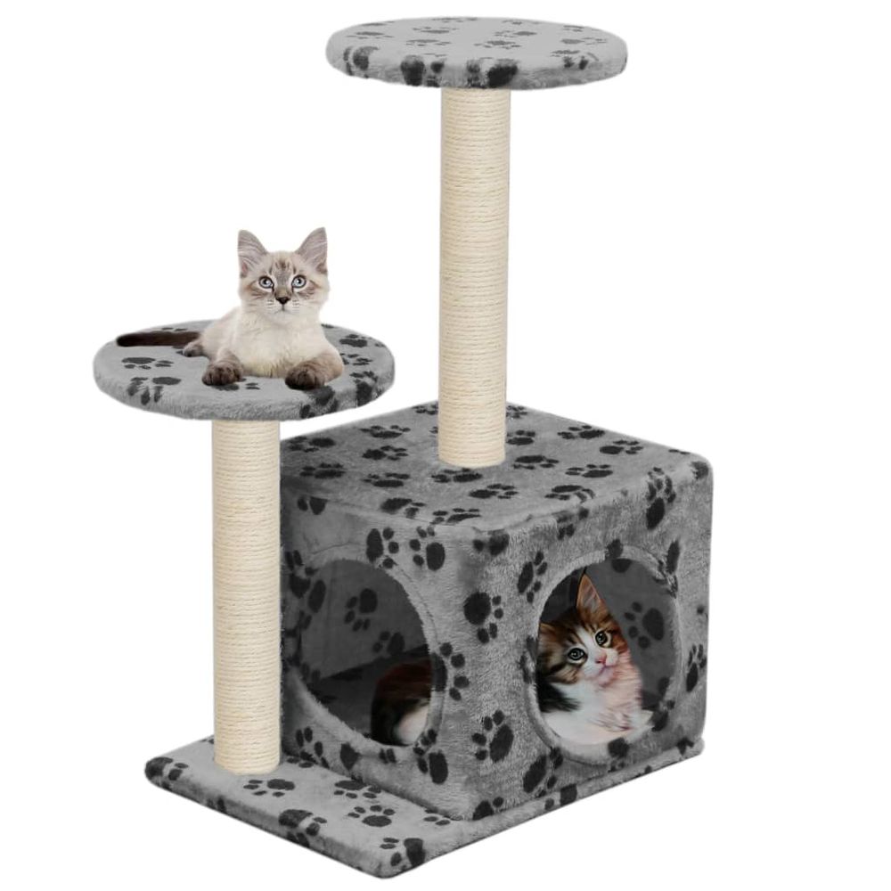 Petit arbre à chat 60 cm griffoir sisal motif pattes pour chaton gris