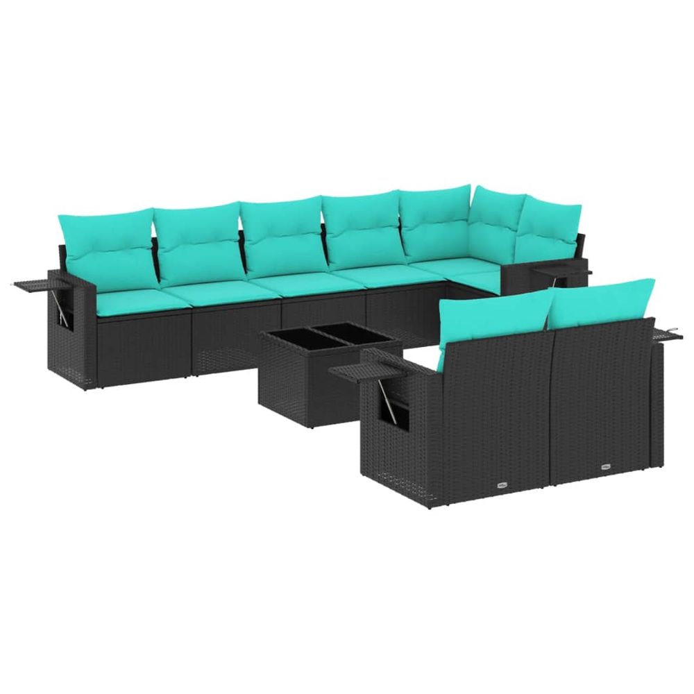 Ensemble de canapé de jardin 9 pcs avec coussins noir résine tressée