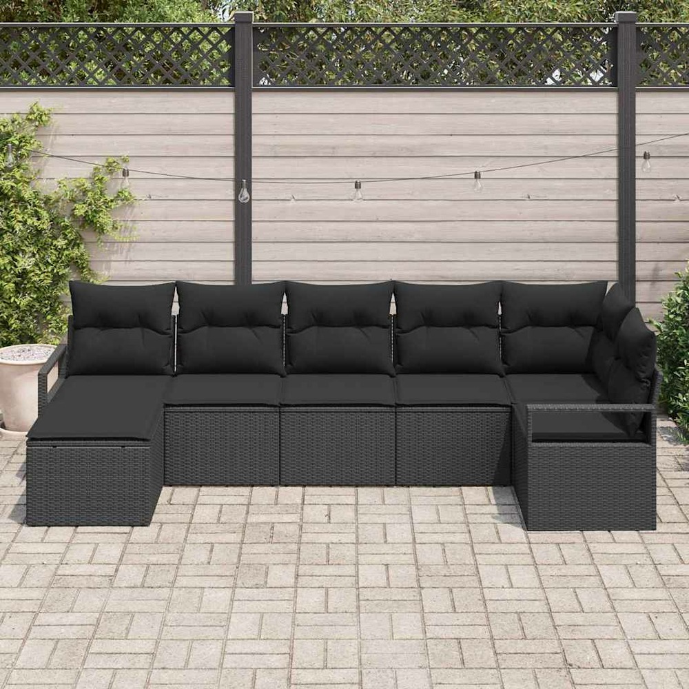 Ensemble de canapés avec coussin 7 pcs noir polyrotin