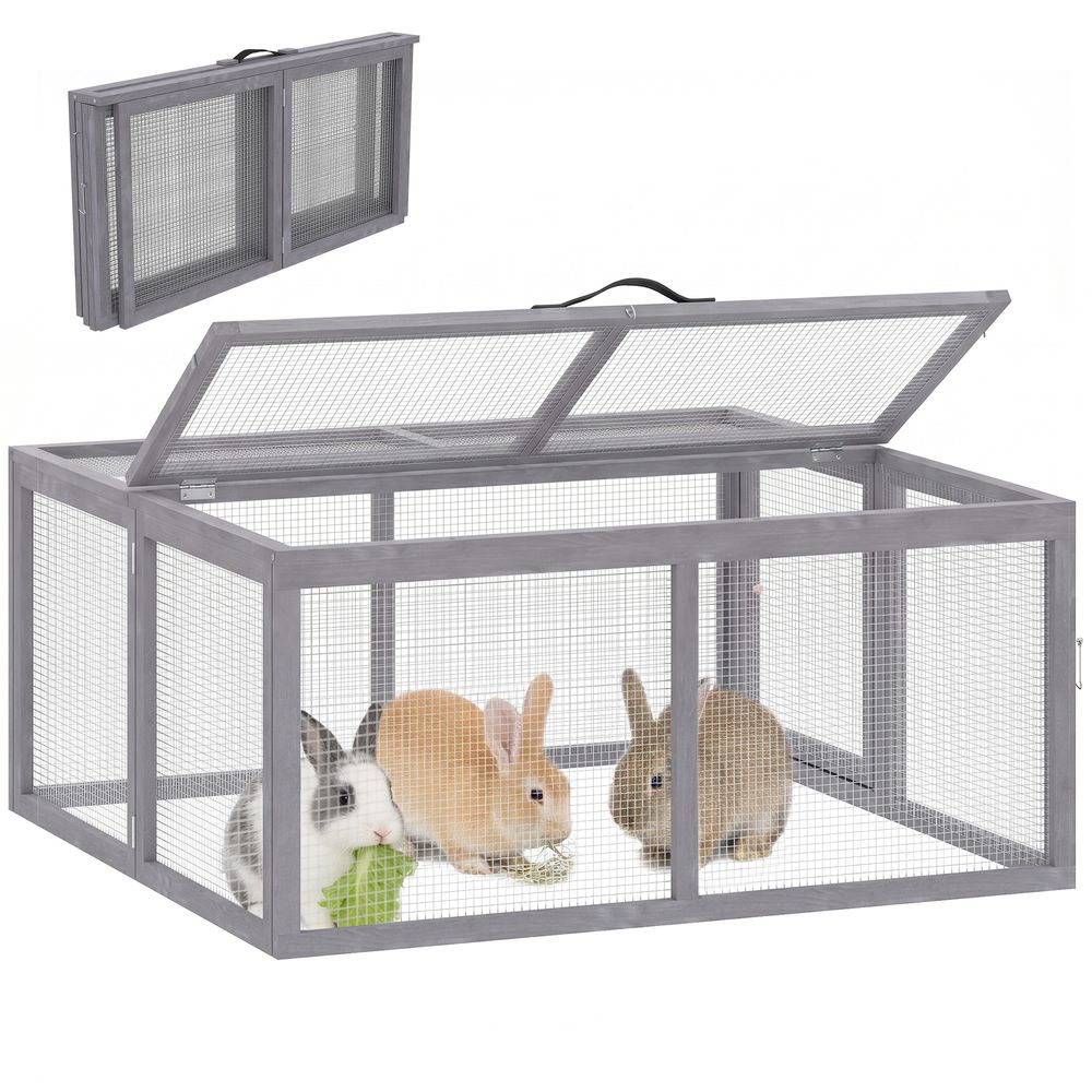 Enclos lapin pliable en bois pour extérieur avec toit ouvrant 110x105x50cm gris