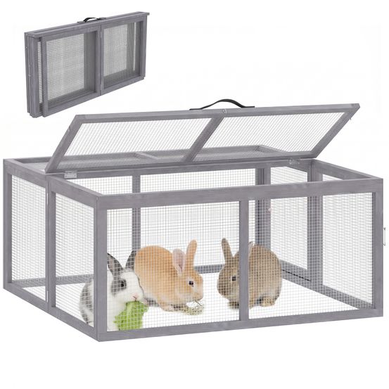 Enclos lapin pliable en bois pour extérieur avec toit ouvrant 110x105x50cm gris