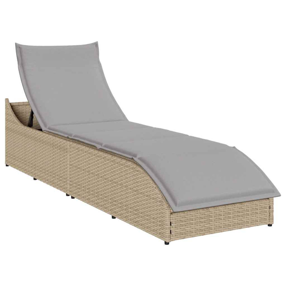 Chaise longue pliante coussin et rangement beige résine tressée bain de soleil