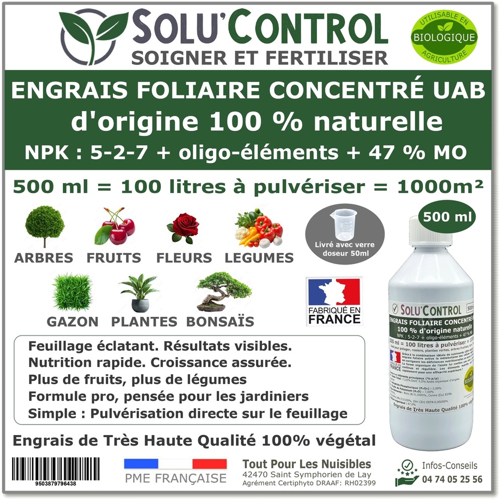 Engrais foliaire naturel solucontrol 500 ml croissance floraison et vitalite uab