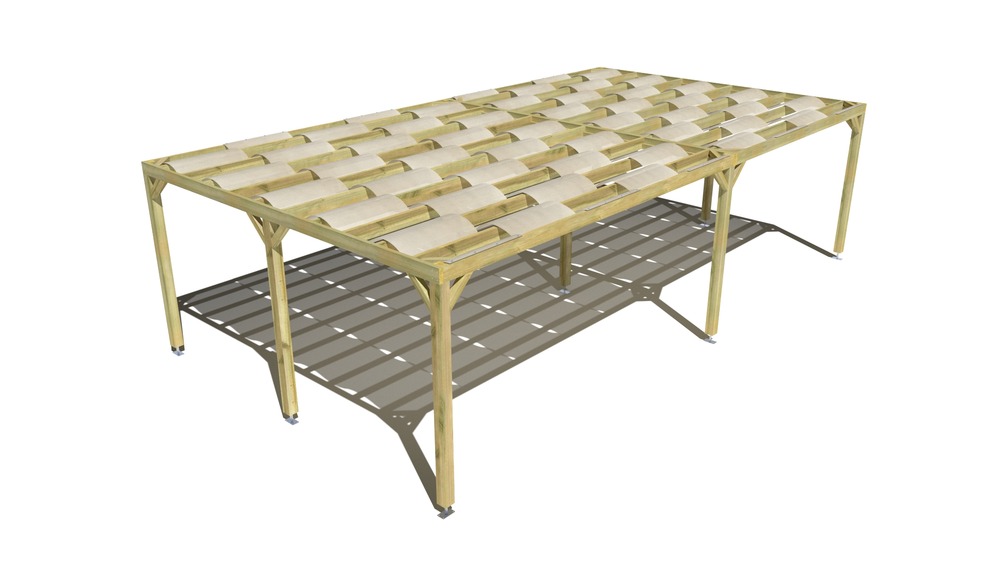 Pergola bois • 9m x 5m • indépendante • sens largeur • voilage semi-transparent inclus • livraison comprise