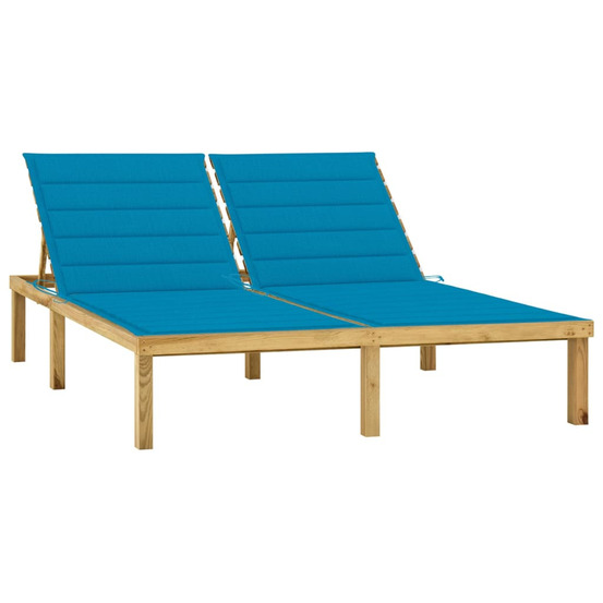 Chaise longue double et coussins bleu bois de pin imprégné bain de soleil